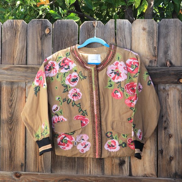Anthropologie Maeve Needlepoint Floral Oversized Boxy Bomber Jacket
